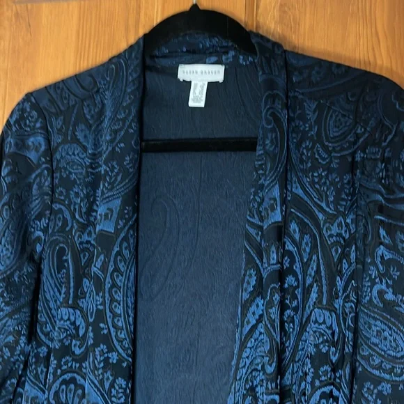 Women's Susan Graver Jacquard Knit Open Front Duster Cardigan Midnight Ink Sz 1X - Picture 4 of 11